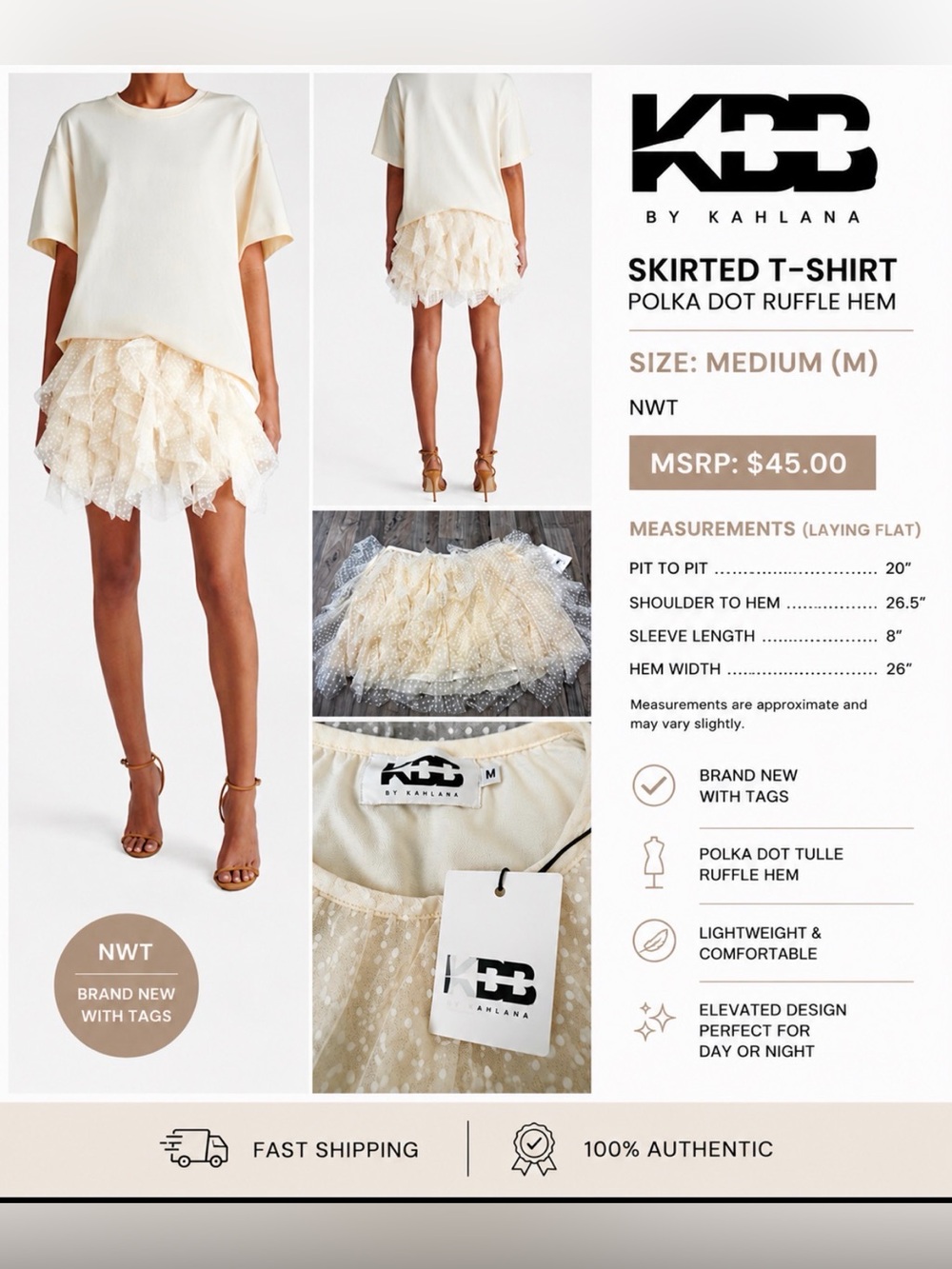 NWT KBB By Kahlana Polka Dot Ruffle Hem Skirted T-Shirt Cream Medium MSRP $45